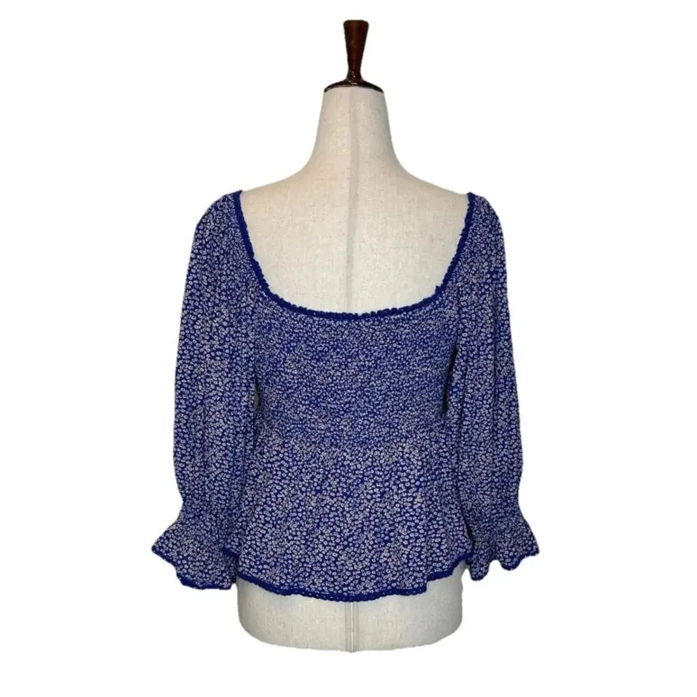 Free People Britnee Floral Cropped Peplum Smocked Puff Sleeve Top M Blue White - Picture 6 of 9